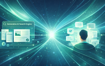 Abstract image with flowing ribbons converging on a point in the middle. Information in an AI chat interface on the left and a human consuming content on the right.