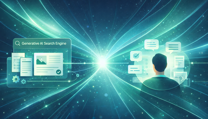 Abstract image with flowing ribbons converging on a point in the middle. Information in an AI chat interface on the left and a human consuming content on the right.