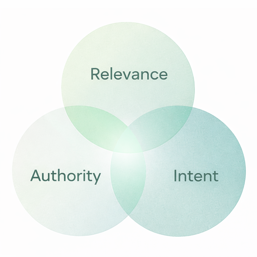 Three circles representing Audience, Authority, Intent and they are all partially overlapping.