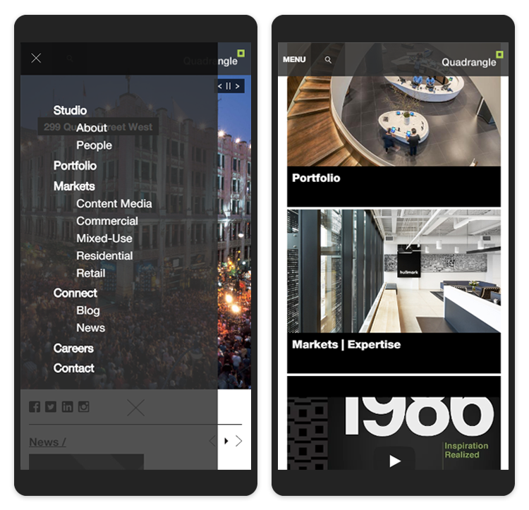 Quadrangle website displayed on two mobile devices