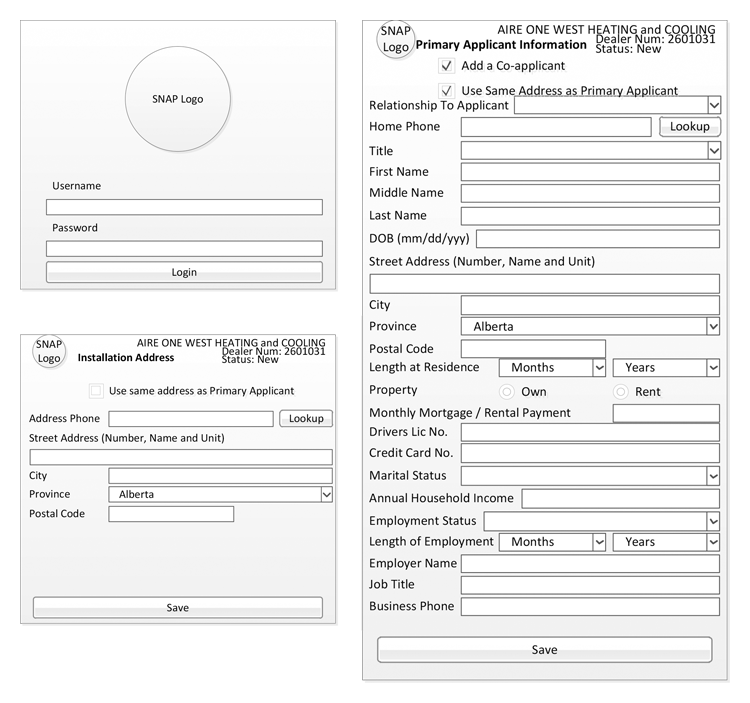 Snap Financial application digital wireframe